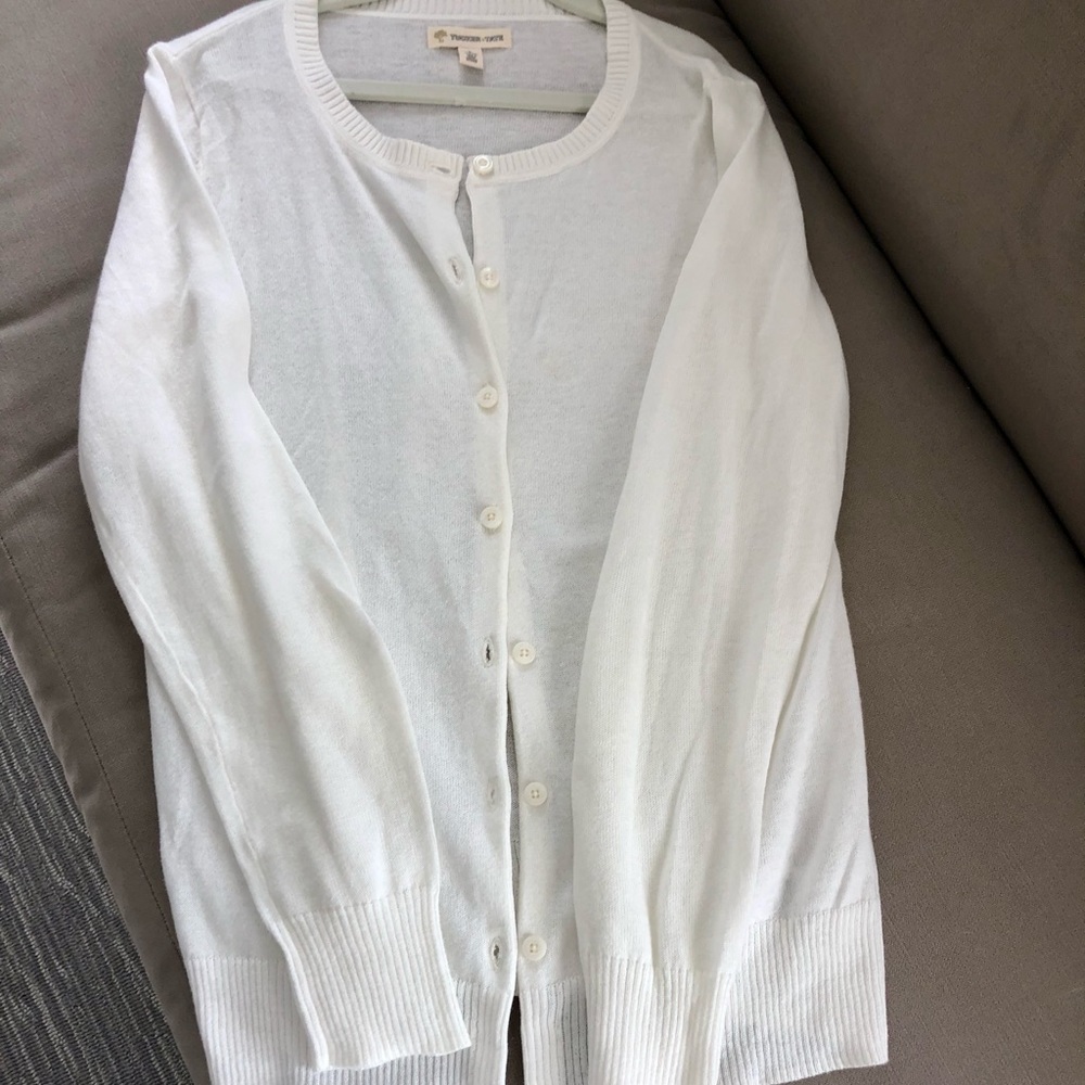 White Tucker + Tate cotton cardigan sweater.